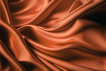 Beautiful fabric background. Satin, atlas, silk drapery textiles. Ripples and Folds form a Wavy Beige Orange Golden Texture. Generative art