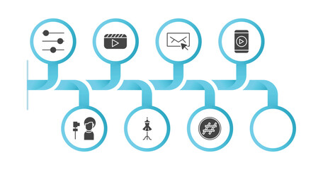 Poster - editable filled icons with infographic template. infographic for blogger and influencer concept. included filter, video, email, mobile video, vlogger, post, fashion, hashtag icons.