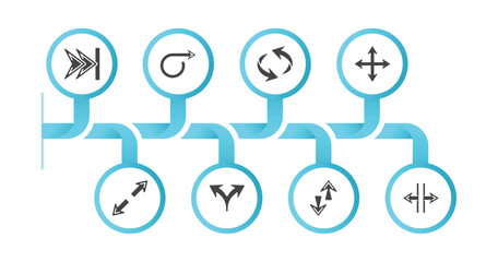 Poster - editable filled icons with infographic template. infographic for arrows concept. included skip track, right circling arrow, undo arrow, drag, diagonal, split arrows, up and down arrows, horizontal