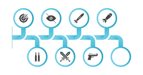 Wall Mural - editable filled icons with infographic template. infographic for army and war concept. included militar radar, stealth, torpedo, airplane bomb, anchor, two bullets, combat, pistol icons.