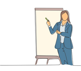 Poster - one single line drawing of young female presenter thinking while doing presentation at the office du