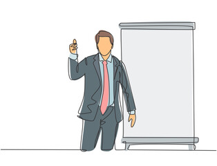 Wall Mural - One continuous line drawing of young presenter giving thumbs up gesture to the audience while meeting. Business presentation at the office concept single line draw design vector illustration