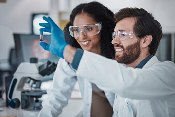 teamwork, collaboration or blood test tube in laboratory research success, dna engineering innovatio