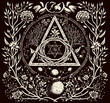 Occult symbols composition in dotwork style. Abstract mystic elements, floral wreath and sacred triangle in retro flat lay composition.
