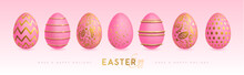 Set Of Pink Easter Eggs With Golden Elements.  Happy Easter Holiday Background. Greeting Card Or Poster. Vector Illustration