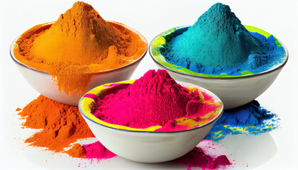 holi color powder. organic gulal colors in bowl generative ai