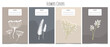 Set of 4 notebook cover templates in trendy minimalism style. White flower and plant in flat style. Abstract waves. Beige and dark-blue color covers. Isolated on white background.