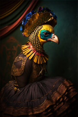 a fantasy portrait of a colorful royal bird in classic look and wings 