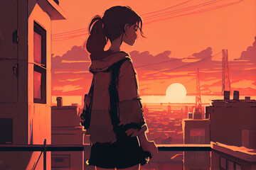 Lofi on roof, sunset llustration.