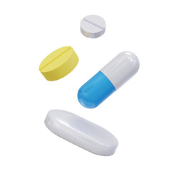 white, yellow and blue capsules isolated on transparent background. 3d render. png. tablets, medicin