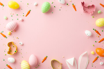 Wall Mural - Easter decor concept. Top view photo of easter eggs chicken and rabbit shaped baking molds bunny ears and carrot shaped sprinkles on isolated pastel pink background with copyspace in the middle