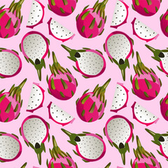 Wall Mural - Exotic fruit seamless pattern with dragon fruit on dark background. Hand drawn summer tropic fruit texture. Vector fruit illustration. For textiles, clothing, bed linen, office supplies