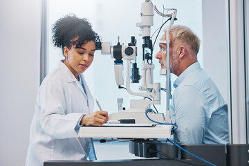 Canvas Print - Vision, eye exam and writing with a doctor woman or optometrist testing the eyes of a man patient in a clinic. Hospital, medical or consulting with a female eyesight specialist and senior male