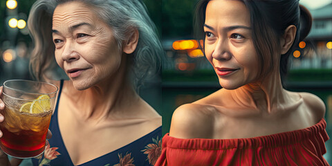 Wall Mural - Two intimate asian elderly women spend the outdoor time together, drinking at happy hour - Generative AI