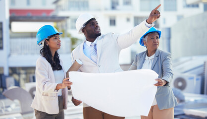 Wall Mural - Architecture, engineering and team with blueprint for planning, building strategy and vision in city. Construction site, property development and people with illustration, design and floor plan