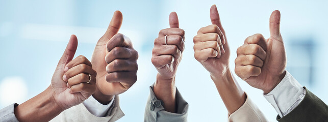 Poster - Hands, people and thumbs up for thank you, good job or success in collaboration, agreement or goals. Hand of group showing thumb emoji for winning, yes or support in trust, teamwork or solidarity