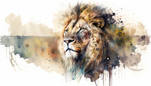 Majestic Lion Portrait Watercolor Paint On White. Generative AI