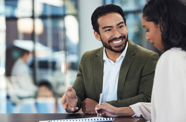 Poster - Documents, coaching and business people writing in office for sales project in workplace. Cooperation, collaboration and happy manager or mentor training woman with paperwork research and planning.