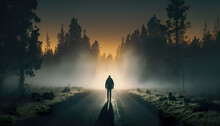 A Man Walks Along The Road In The Forest In The Fog, View From The Back. Generative Al.