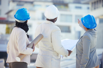 Aufkleber - Engineering, collaboration or team on construction site with an blueprint for real estate development. Industrial, architecture or back view of group planning a building renovation project in meeting