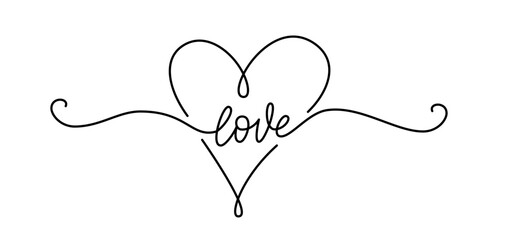 love word continuous one line lettering with heart shape. modern calligraphy hand drawn script love 