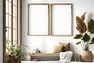 Two vertical empty brown wood picture frames mockup in boho room with bench, pillows, blanket, decor, potted plants, white wall window background, illustration for design, wall art, template