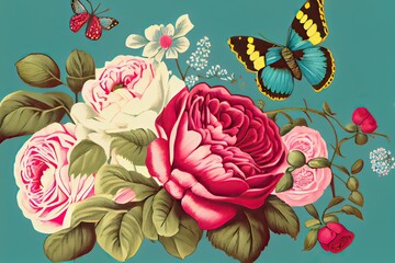 Wall Mural - Elegant floral pattern with flowers and butterflies, generative AI