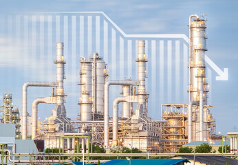 Oil gas refinery or petrochemical plant. Include arrow, graph or bar chart. Decrease trend or low of production, market price, demand, supply. Concept of business, industry, fuel, power energy.
