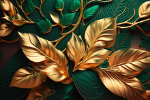 Leaves Background. 3d Mural Floral Wallpaper. Golden And Green F Leaves, Generative AI