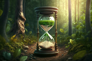 Sanduhr im natürlichen grünen Hintergrund, generative AI
