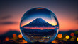 Mount Fuji in lensball during blue hour.
