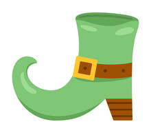 Vector Green Leprechauns Boot In Flat Design. Clipart For Celebrating St Patricks Day. Elf Shoes With Gold Buckle.