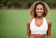 © Cavan Images - Portrait Afro American sporty woman training outdoors.  Generative AI