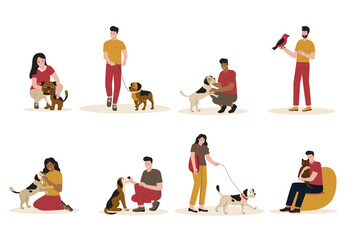 Set of people with pets vector concept. Illustration for website, landing page, mobile app, poster and banner. Trendy flat vector illustration