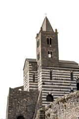 Poster - Portovenere or Porto Venere, medieval church of San Pietro (Saint Peter, 1198), isolated on white or transparent background. UNESCO world heritage site. La Spezia, Liguria, Italy, Europe. Png.