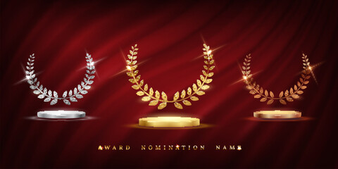 Wall Mural - golden, silver and bronze award signs with podiums and laurel wreath isolated on red waving curtain 