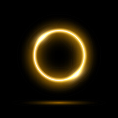 Poster - glowing neon yellow circle isolated on black background. round electric gold light frame. geometric 