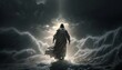 Jesus Christ Walking On Water During Storm Heavenly Rays Coming From Cloudy Sky Painting