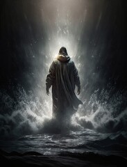 Poster - Jesus Christ Walking On Water During Storm Heavenly Rays Coming From Cloudy Sky Painting