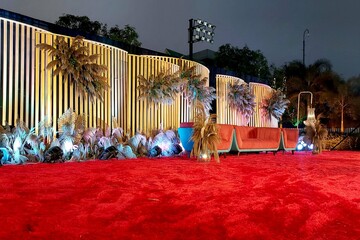 India Wedding event stage decorated with flower, chair, light