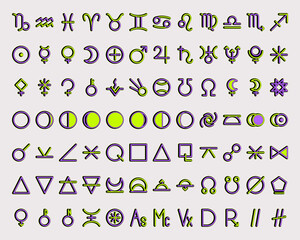 zodiac, astrology elements, solar system, moon phases horoscope thin line label linear design esoter