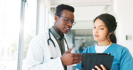 Sticker - Healthcare team, discussion and tablet with a doctor and nurse talking about medicine research. Black man and woman hospital staff meeting using technology for planning, communication and innovation