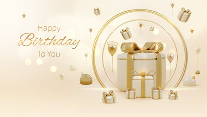 Wall Mural - Happy birthday background and gift box and realistic balloons ornament with ribbon.
