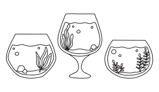 Aquarium set. Collection of aquariums with algae in doodle style. vector illustration. Empty isolated aquarium in line style.