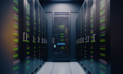 Fototapete - Dark servers data center room with computers. Storage systems corridor interior with glowing elements. Generative ai