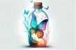 butterfly in the bottle, mystic beautiful bottle, luminous, white background, cartoon style AI Generated