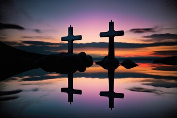 Sticker - The Glorious two Cross At Sunset The Crucifixion of Jesus Christ Generative AI