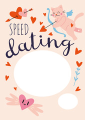 Wall Mural - Speed dating invitation poster Template with Cupid cat and hearts, cartoon style. Trendy modern vector illustration, hand drawn, flat