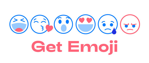 Custom emoji set for social chat reactions. Trendy like, heart, love, laugh, kisses, wonder, sad, and angry head emoticons. Send emotional stickers as message.