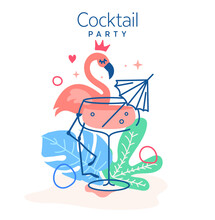 Drinking Tropical Cocktail Surrounded With Monstera Leaves And Flamingo Vector Illustration. Trendy Minimal Line Design. Best Hawaii Pink Cocktail Set For Restaurant Illustrations And Bar Designs.